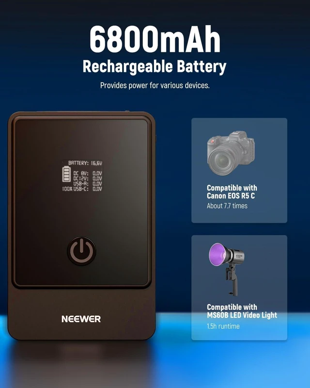 Alt view image 3 of 6 - V Mount Battery PS099E, PD65W, 99Wh, 6800mAh Mini V Lock Battery, 2.5h Fully Charged, PD3.0 Fast Charging, D Tap, USB C, USB A, BP, Dual DC Ports, for Cameras Camcorders Monitors Video Lights