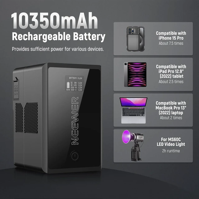Alt view image 3 of 7 - V Mount Battery, PD100W, 150Wh, 10350mAh Mini V Lock Battery, 2.5h Fully Charged, PD3.0 Fast Charging, D Tap, USB C, USB A, BP, Dual DC Ports, for Camera Camcorder Monitor Video Light