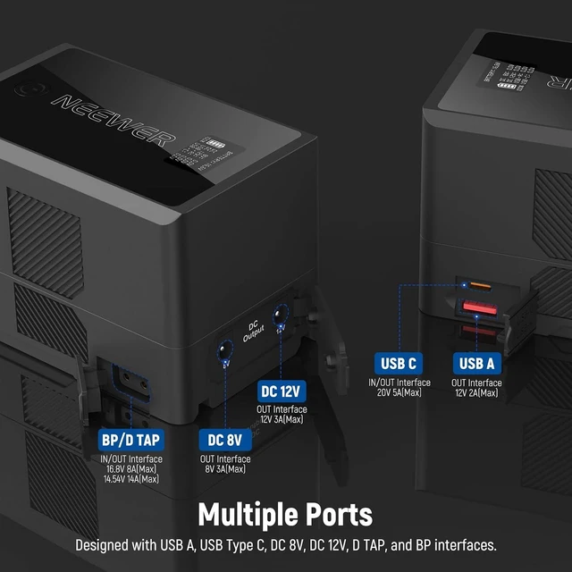 Alt view image 5 of 7 - V Mount Battery, PD100W, 150Wh, 10350mAh Mini V Lock Battery, 2.5h Fully Charged, PD3.0 Fast Charging, D Tap, USB C, USB A, BP, Dual DC Ports, for Camera Camcorder Monitor Video Light