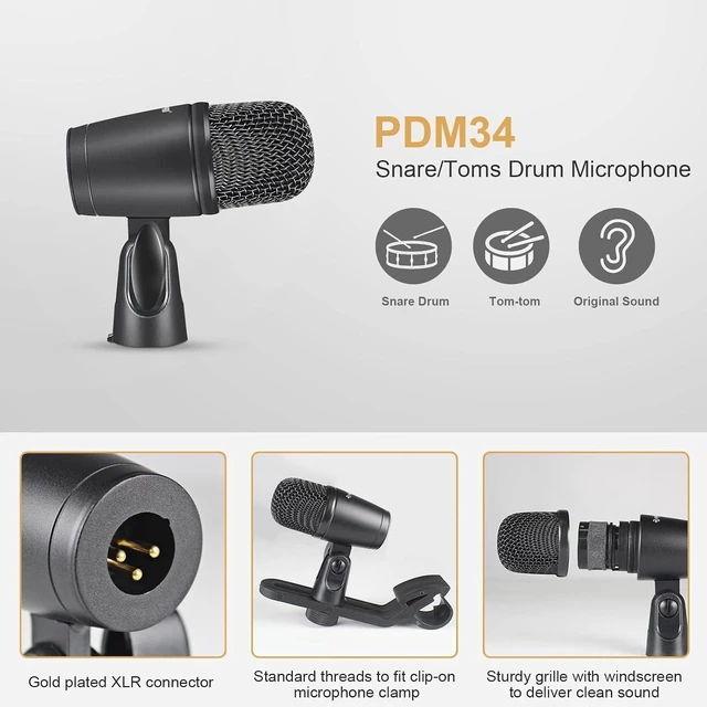 Alt view image 4 of 6 - Drum Microphone Kit, 7-Piece Full Metal Wired Dynamic Mic Set for Bass/Tom/Snare/Hi-hat Cymbals, with Carrying Case, Holders, and Threaded Clips