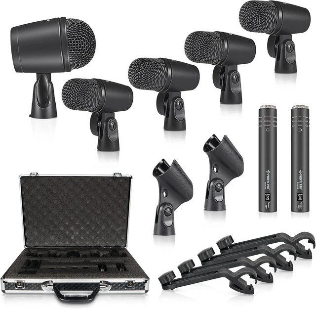 Main image of Drum Microphone Kit, 7-Piece Full Metal Wired Dynamic Mic Set for Bass/Tom/Snare/Hi-hat Cymbals, with Carrying Case, Holders, and Threaded Clips