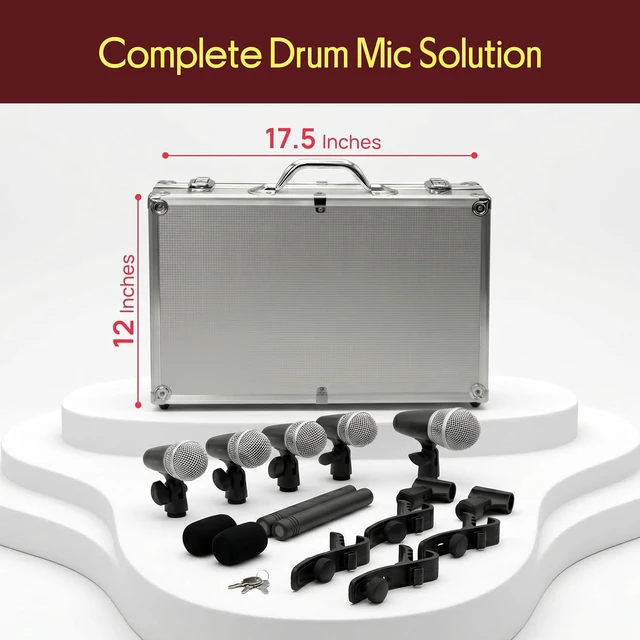 Alt view image 6 of 7 - Pyle 7-Piece Wired Dynamic Kit-Kick Bass, Tom/Snare & Cymbals Microphone Set-for Drums, Vocal, & Other Instrument-Complete with Thread Clip, Inserts, Mics Holder & Case, Black