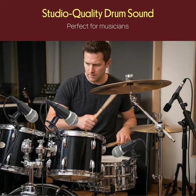 Alt view image 4 of 7 - Pyle 7-Piece Wired Dynamic Kit-Kick Bass, Tom/Snare & Cymbals Microphone Set-for Drums, Vocal, & Other Instrument-Complete with Thread Clip, Inserts, Mics Holder & Case, Black