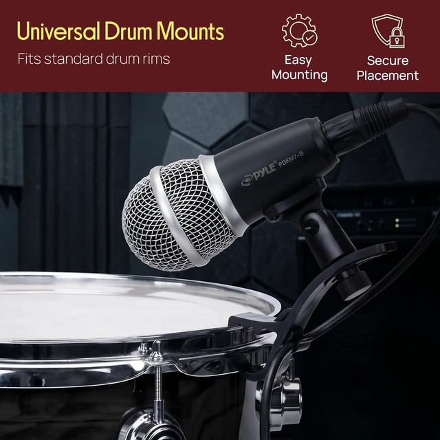 Alt view image 2 of 7 - Pyle 7-Piece Wired Dynamic Kit-Kick Bass, Tom/Snare & Cymbals Microphone Set-for Drums, Vocal, & Other Instrument-Complete with Thread Clip, Inserts, Mics Holder & Case, Black