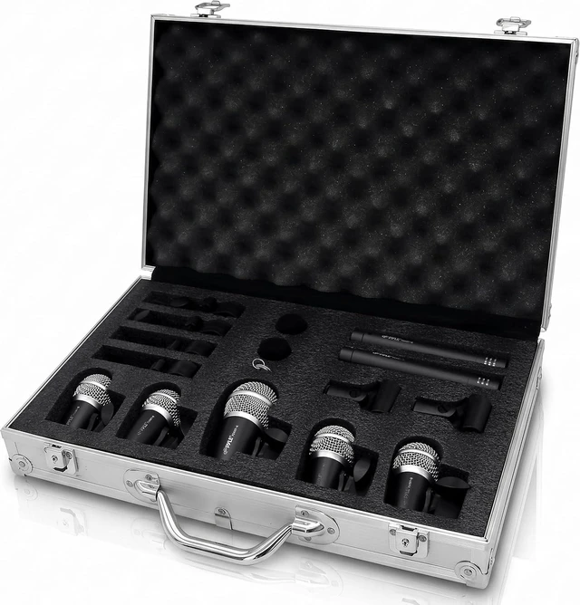 Main image of Pyle 7-Piece Wired Dynamic Kit-Kick Bass, Tom/Snare & Cymbals Microphone Set-for Drums, Vocal, & Other Instrument-Complete with Thread Clip, Inserts, Mics Holder & Case, Black