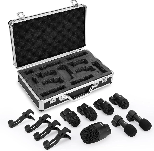Main image of Pyle 7-Piece Drum Microphone Kit with Dynamic & Condenser Mics, Complete drum mic kit with XLR microphones, drum mounts, overhead mics, and carrying case for studio or live use.