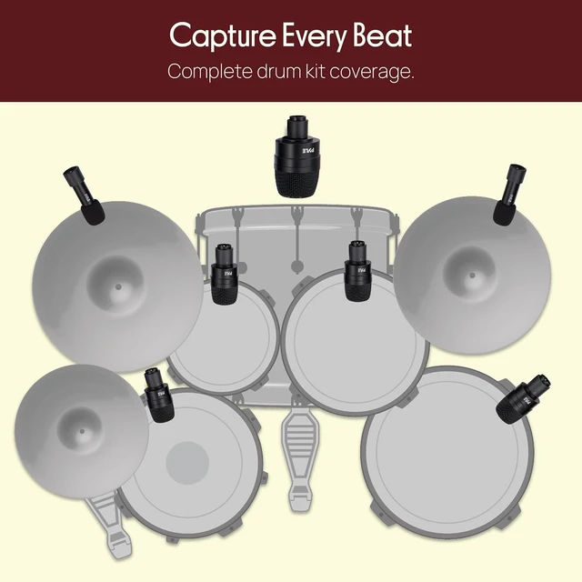 Alt view image 3 of 7 - Pyle 7-Piece Drum Microphone Kit with Dynamic & Condenser Mics, Complete drum mic kit with XLR microphones, drum mounts, overhead mics, and carrying case for studio or live use.