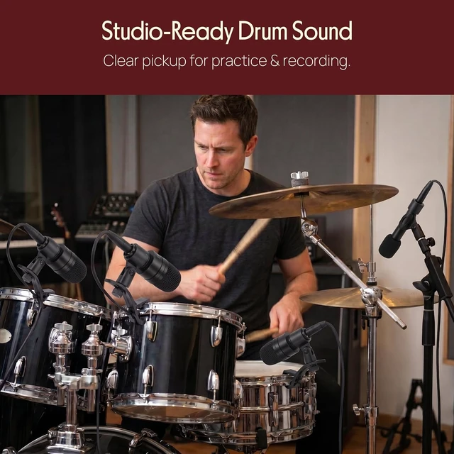 Alt view image 6 of 7 - Pyle 7-Piece Drum Microphone Kit with Dynamic & Condenser Mics, Complete drum mic kit with XLR microphones, drum mounts, overhead mics, and carrying case for studio or live use.