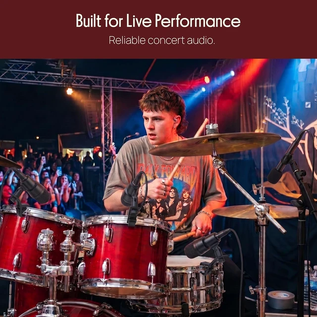 Alt view image 4 of 7 - Pyle 7-Piece Drum Microphone Kit with Dynamic & Condenser Mics, Complete drum mic kit with XLR microphones, drum mounts, overhead mics, and carrying case for studio or live use.