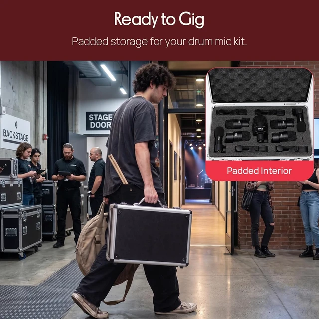 Alt view image 7 of 7 - Pyle 7-Piece Drum Microphone Kit with Dynamic & Condenser Mics, Complete drum mic kit with XLR microphones, drum mounts, overhead mics, and carrying case for studio or live use.