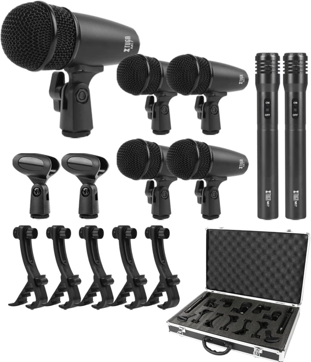 Main image of Drum Microphone Kit,7 Pieces Metal Wired Dynamic Drum Mic Set, Kick Bass Drum,Tom/Snare Cymbals Microphone with Thread Clips,Carrying Case,Holders for Stage Performances/Studio Recording