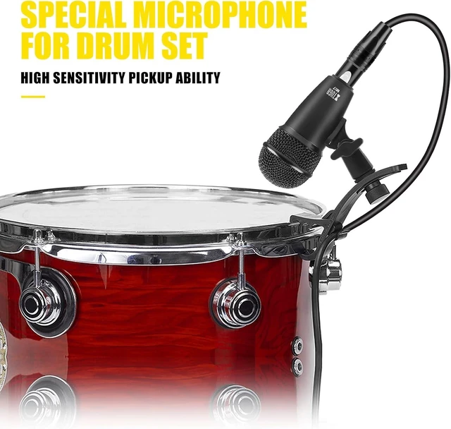 Alt view image 7 of 7 - Drum Microphone Kit,7 Pieces Metal Wired Dynamic Drum Mic Set, Kick Bass Drum,Tom/Snare Cymbals Microphone with Thread Clips,Carrying Case,Holders for Stage Performances/Studio Recording