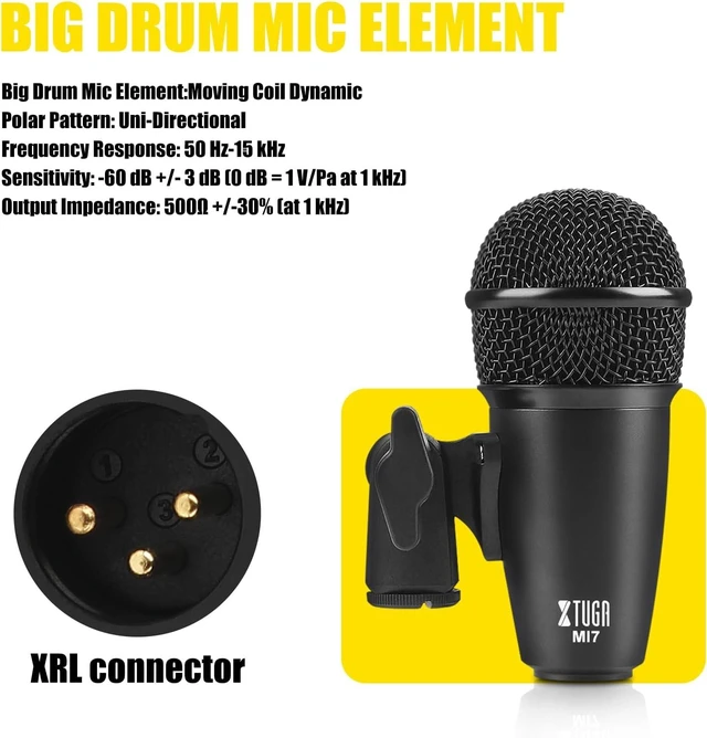 Alt view image 4 of 7 - Drum Microphone Kit,7 Pieces Metal Wired Dynamic Drum Mic Set, Kick Bass Drum,Tom/Snare Cymbals Microphone with Thread Clips,Carrying Case,Holders for Stage Performances/Studio Recording
