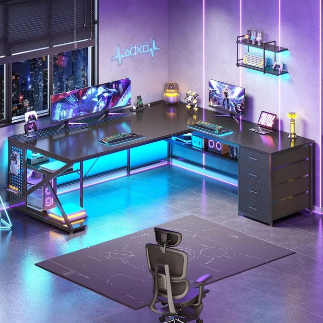 Main image of 67"x 65" L Shaped Gaming Desk with 4 Drawers & Shelf Storage, 27.6"W Corner Office Desk with LED Lights & CPU Stand for Home Office, Executive Computer Desk for Work, Writing, Study, Black