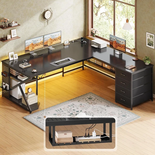 Alt view image 7 of 7 - 67"x 65" L Shaped Gaming Desk with 4 Drawers & Shelf Storage, 27.6"W Corner Office Desk with LED Lights & CPU Stand for Home Office, Executive Computer Desk for Work, Writing, Study, Black