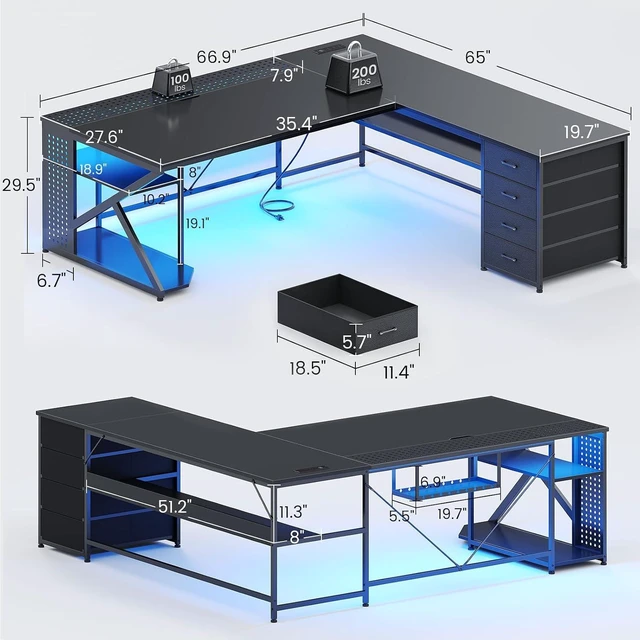 Alt view image 3 of 7 - 67"x 65" L Shaped Gaming Desk with 4 Drawers & Shelf Storage, 27.6"W Corner Office Desk with LED Lights & CPU Stand for Home Office, Executive Computer Desk for Work, Writing, Study, Black