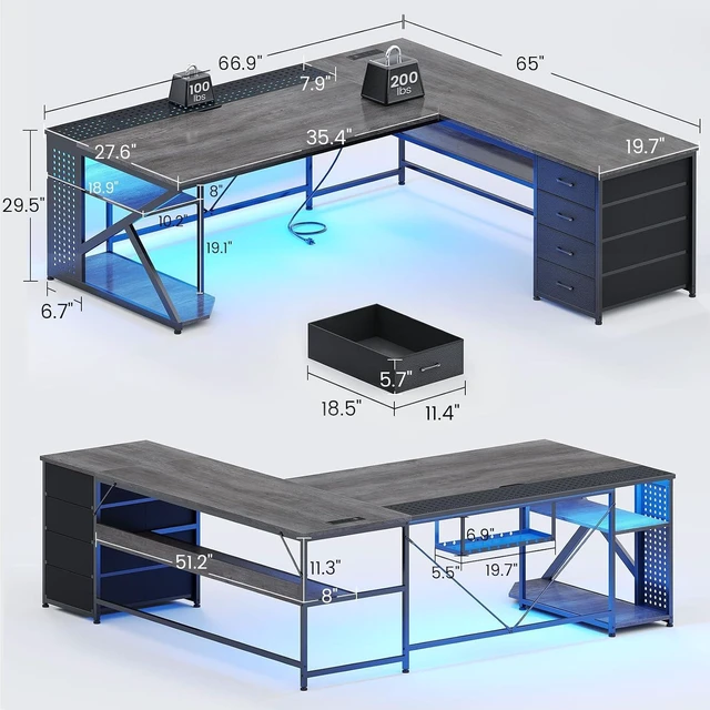 Alt view image 2 of 7 - 67"x 65" L Shaped Gaming Desk with 4 Drawers & Shelf Storage, 27.6"W Corner Office Desk with LED Lights & CPU Stand for Home Office, Executive Computer Desk for Work, Writing, Study, Grey