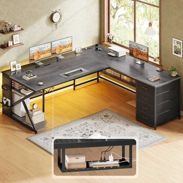Alt view image 7 of 7 - 67"x 65" L Shaped Gaming Desk with 4 Drawers & Shelf Storage, 27.6"W Corner Office Desk with LED Lights & CPU Stand for Home Office, Executive Computer Desk for Work, Writing, Study, Grey