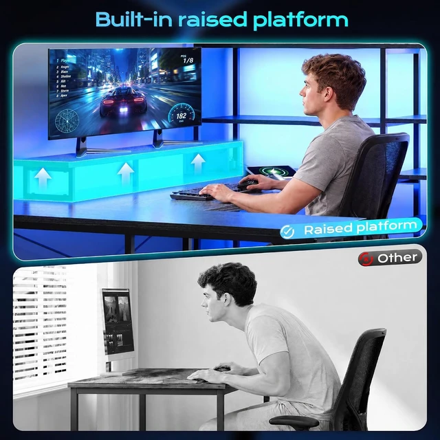 Alt view image 5 of 7 - 63" L Shaped Gaming Desk with Storage Drawers and Shelves, U Shaped Desk with Drawers,Reversible Computer desk with Power Outlet,LED and Monitor Stand for Gaming room,Home Office, Black