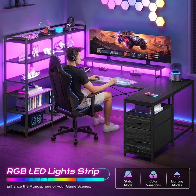 Alt view image 7 of 7 - 63" L Shaped Gaming Desk with Storage Drawers and Shelves, U Shaped Desk with Drawers,Reversible Computer desk with Power Outlet,LED and Monitor Stand for Gaming room,Home Office, Black