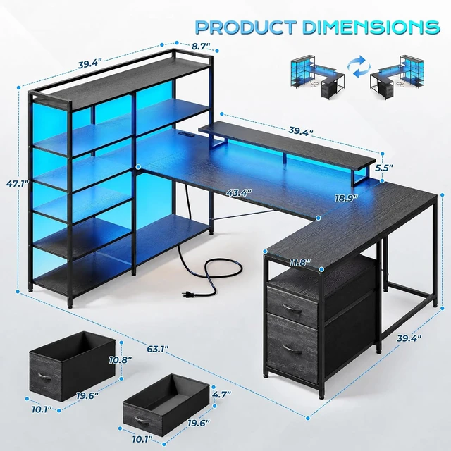 Alt view image 2 of 7 - 63" L Shaped Gaming Desk with Storage Drawers and Shelves, U Shaped Desk with Drawers,Reversible Computer desk with Power Outlet,LED and Monitor Stand for Gaming room,Home Office, Black