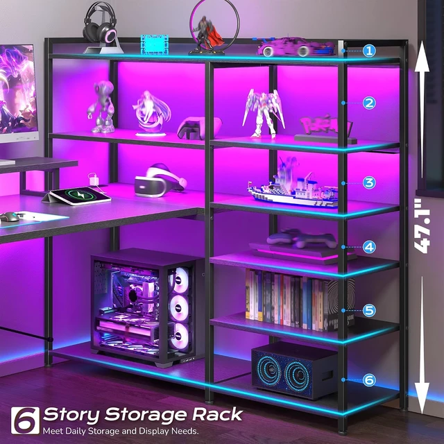 Alt view image 6 of 7 - 63" L Shaped Gaming Desk with Storage Drawers and Shelves, U Shaped Desk with Drawers,Reversible Computer desk with Power Outlet,LED and Monitor Stand for Gaming room,Home Office, Black