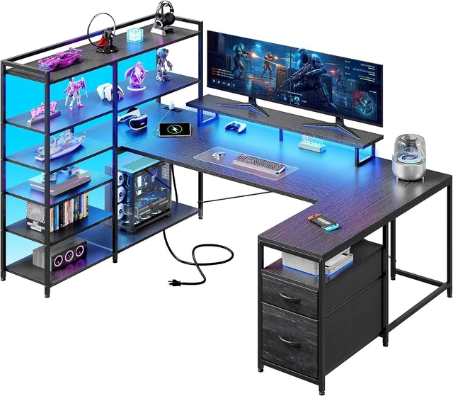 Main image of 63" L Shaped Gaming Desk with Storage Drawers and Shelves, U Shaped Desk with Drawers,Reversible Computer desk with Power Outlet,LED and Monitor Stand for Gaming room,Home Office, Black