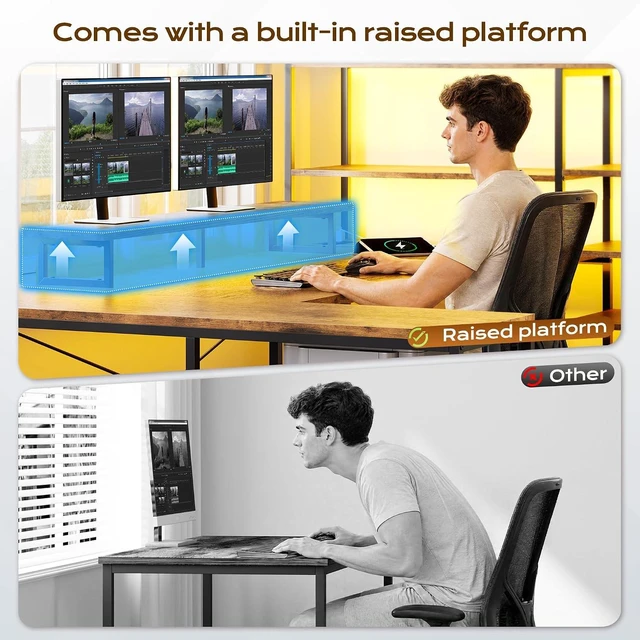 Alt view image 3 of 7 - 63" Reversible L Shaped Office Desk with Storage Drawers, Shelves U Shaped Gaming Desk with Monitor Stand, Power Outlet & LED Strip, Bookshelf for Home Office, Rustic Brown