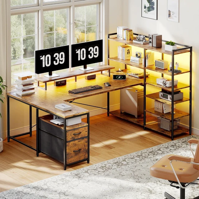 Alt view image 2 of 7 - 63" Reversible L Shaped Office Desk with Storage Drawers, Shelves U Shaped Gaming Desk with Monitor Stand, Power Outlet & LED Strip, Bookshelf for Home Office, Rustic Brown