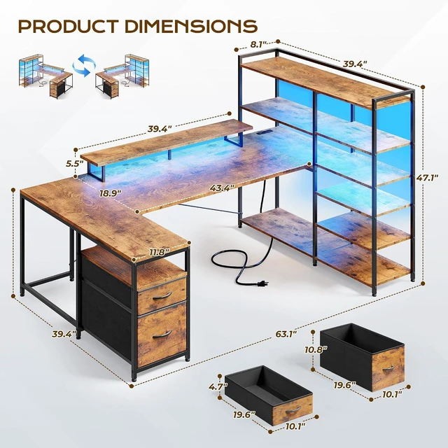 Alt view image 6 of 7 - 63" Reversible L Shaped Office Desk with Storage Drawers, Shelves U Shaped Gaming Desk with Monitor Stand, Power Outlet & LED Strip, Bookshelf for Home Office, Rustic Brown