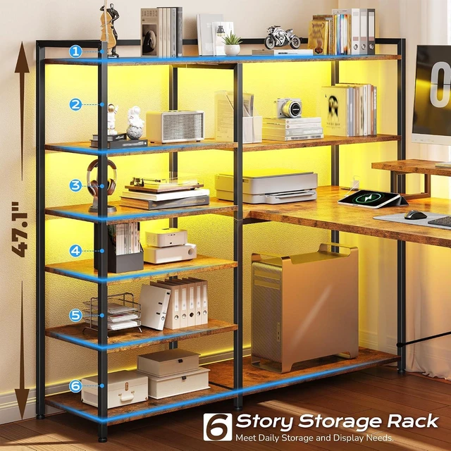 Alt view image 7 of 7 - 63" Reversible L Shaped Office Desk with Storage Drawers, Shelves U Shaped Gaming Desk with Monitor Stand, Power Outlet & LED Strip, Bookshelf for Home Office, Rustic Brown