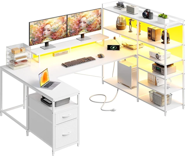 Main image of 63" L Shaped Gaming Desk with Storage Drawers and Shelves, U Shaped Desk with Drawers,Reversible Computer desk with Power Outlet,LED and Monitor Stand for Gaming room,Home Office, Black White