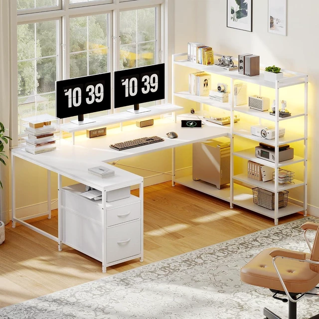 Alt view image 7 of 7 - 63" L Shaped Gaming Desk with Storage Drawers and Shelves, U Shaped Desk with Drawers,Reversible Computer desk with Power Outlet,LED and Monitor Stand for Gaming room,Home Office, Black White