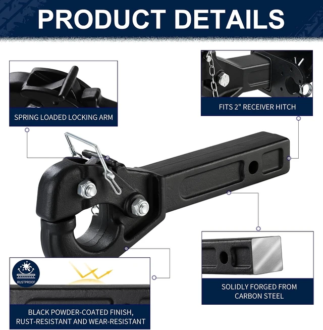 Alt view image 3 of 6 - Pintle Hitch 33,000 LBS Suitable for 2 Inch Pintle Hitch Receiver Heavy Duty Pintle Hook with One Hitch Locking Pin Forged Steel Construction 15 Ton Towing Capacity Black Powder Coat