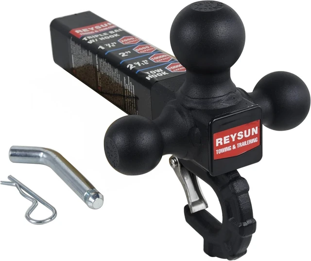 Main image of Patented Forged Trailer Hitch Tri-Ball Hitch with Hook: 3 Sizes in 1 Tow Ball Hitch, Fits 2-inch Hitch Receiver, Secure Locking Mechanism, Matt Black