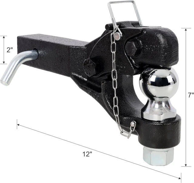 Alt view image 4 of 6 - 8 Ton (16000 LBS) Pintle Hook Tow Hitch, 2 Inch Pintle Hitch Receiver with 2 Inch Trailer Ball, Fits 2.5-3 Inch Lunette Ring, Black Powder Coat for Trailers