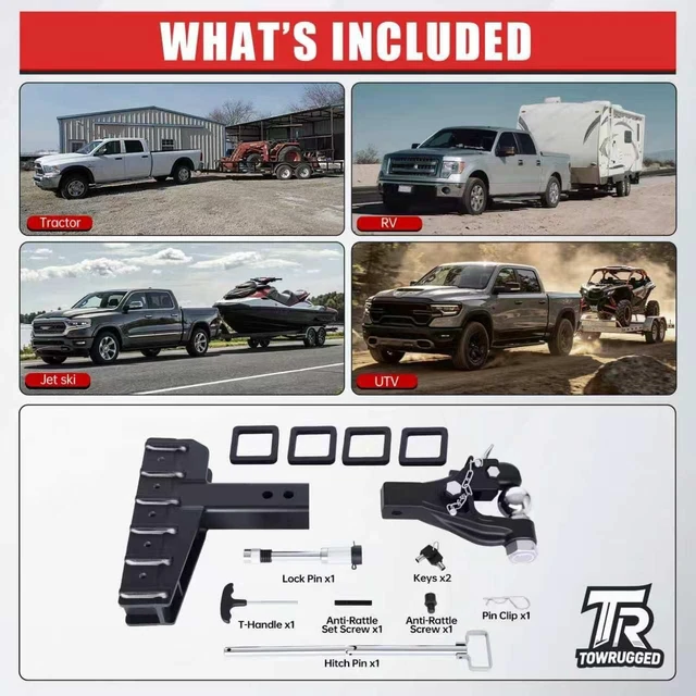 Alt view image 3 of 7 - Adjustable Pintle Hitch Combination, 2" Receiver, 2-5/16" Ball 20000 lbs GTW, Fits 2.5"/3" Lunette Ring & 2-5/16" Trailer Coupler, 6-5/8" Drop, 6-7/16" Rise, Heavy Duty Trailer Hitch