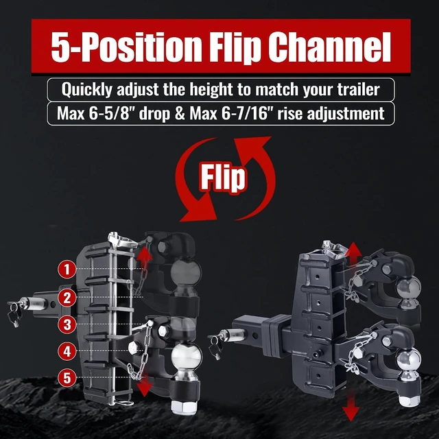 Alt view image 6 of 7 - Adjustable Pintle Hitch Combination, 2" Receiver, 2-5/16" Ball 20000 lbs GTW, Fits 2.5"/3" Lunette Ring & 2-5/16" Trailer Coupler, 6-5/8" Drop, 6-7/16" Rise, Heavy Duty Trailer Hitch