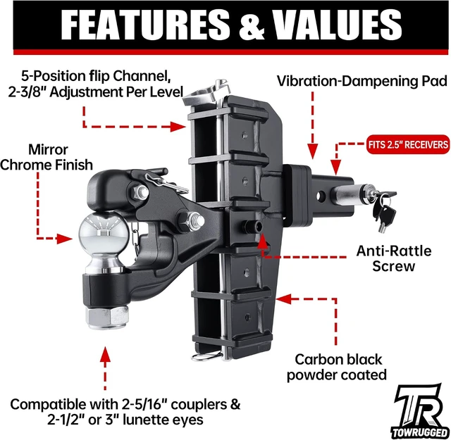 Alt view image 6 of 7 - Adjustable Pintle Hitch Combination, 2.5" Receiver, 2-5/16" Ball 20000 lbs GTW, Fits 2.5"/3" Lunette Ring & 2-5/16" Trailer Coupler, 6-5/8" Drop, 6-7/16" Rise, Heavy Duty Trailer Hitch