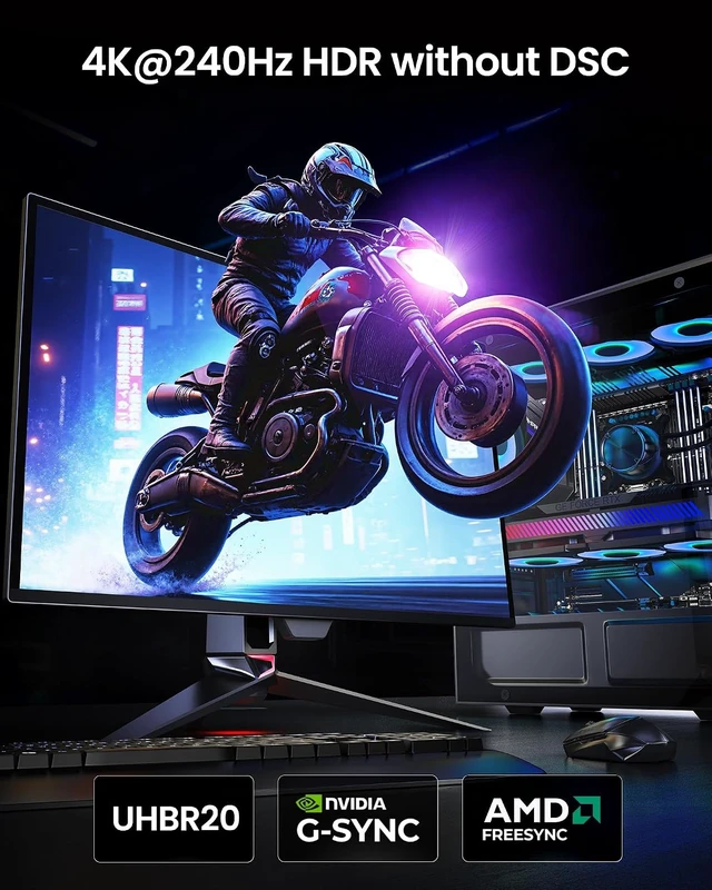 Alt view image 5 of 7 - 80Gbps DisplayPort Cable 2.1, 10FT, Secure Latch, 16K@60Hz, 8K@240Hz, 4K@480Hz 240Hz Display Port Cord, DP80 HDR DSC1.2a for FreeSync G-Sync Gaming Monitor 5090 7900XTX PC