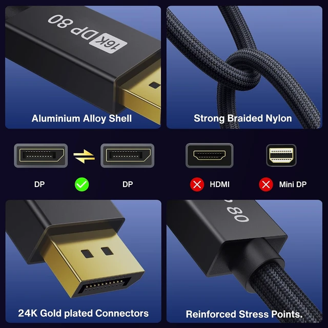 Alt view image 5 of 7 - 80Gbps DisplayPort Cable 2.1, 16K High Speed DP to DP Cable 6.6FT, Display Port Cord 2.1, 16K@60Hz, 8K@240Hz, 4K@540Hz/480Hz/240Hz, UHBR20, HDR, for FreeSync Gaming Monitor 5090 7900XTX