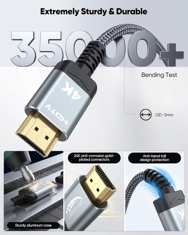 Alt view image 2 of 7 - Long HDMI Cable 10FT 5-Pack, 4K High Speed Slim HDMI 2.0, CL3 in-wall Rated, 4K@60Hz Durable Braided with 3D, HDR, ARC for HDTV, Projector, Monitor, Xbox, Security Camera