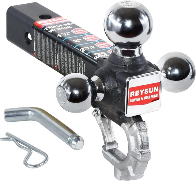 Alt view image 6 of 6 - Trailer Hitch Tri-Ball Hitch with Hook, Tactical Tow Ball Hitch, Fits 2-inch Hitch Receiver, Chrome Triple Balls with Hitch Pin and Clip