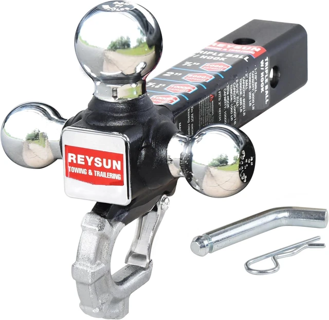 Main image of Trailer Hitch Tri-Ball Hitch with Hook, Tactical Tow Ball Hitch, Fits 2-inch Hitch Receiver, Chrome Triple Balls with Hitch Pin and Clip