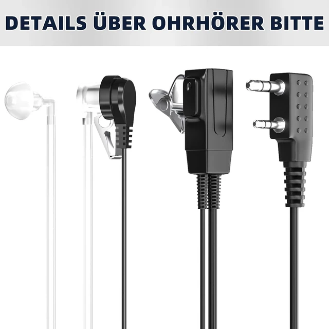 Alt view image 3 of 7 - Acoustic Tube Walkie Talkie Earpiece, 2-Pin, 6 Pack, Kenwood K-type 2-pin plug, PTT microphone, clothing clip, clear acoustic tube, for BF-88E, BF-888S, UV-5R, UV-5RE