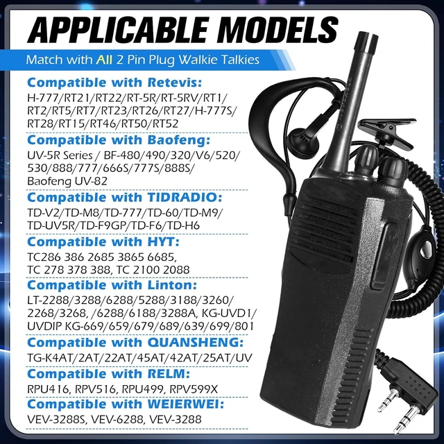 Alt view image 2 of 7 - 30 Pack Walkie Talkie Earpiece with Mic 2 Pin Extendable Wire Two Way Radio Headset Microphone Earbud Bulk Earhook Compatible with Baofeng UV-5R BF-888S Arcshell Retevis H-777 RT21 RT22