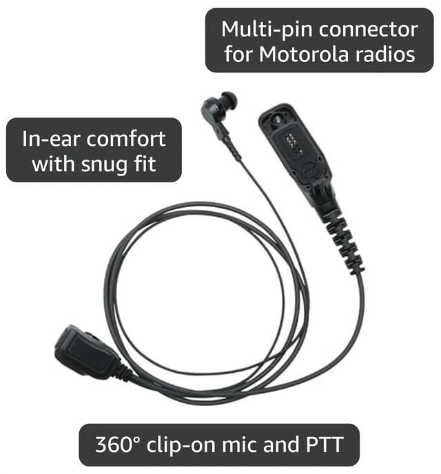 Alt view image 2 of 3 - in-Ear Earpiece Compatible with Motorola APX6000 XPR7550e, In-ear fit, adjustable earhook, in-line PTT mic, Motorola multi-pin; Compatible with APX4000 XPR6550 XPR7350e