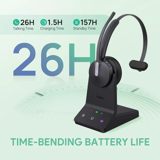Alt view image 6 of 7 - Yealink WH64 Mono DECT & Bluetooth Wireless Headset for Phone PC Cellphone, Teams Certified Single On Ear Headset, 3X Noise Canceling Mic, 26H Talk Time, 606 ft Long Range for Office Call Center