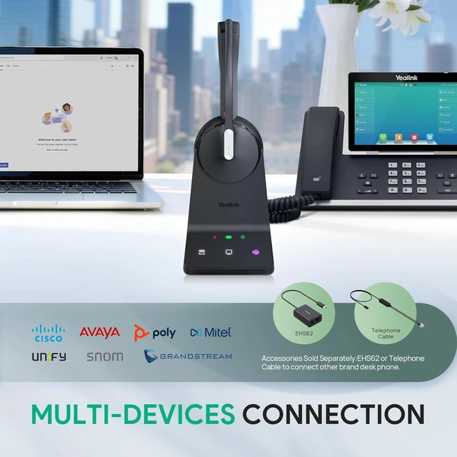 Alt view image 5 of 7 - Yealink WH64 Mono DECT & Bluetooth Wireless Headset for Phone PC Cellphone, Teams Certified Single On Ear Headset, 3X Noise Canceling Mic, 26H Talk Time, 606 ft Long Range for Office Call Center
