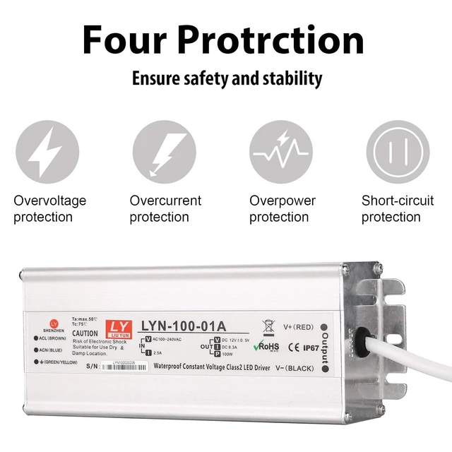 Alt view image 6 of 7 - LED Driver 100 Watts 110V AC to 12V DC Low Voltage Output, IP67 Waterproof Power Low Voltage Transformer Adapter with 3 pin Plug LED Cable for LED Light bar, Indoor and Outdoor Light String